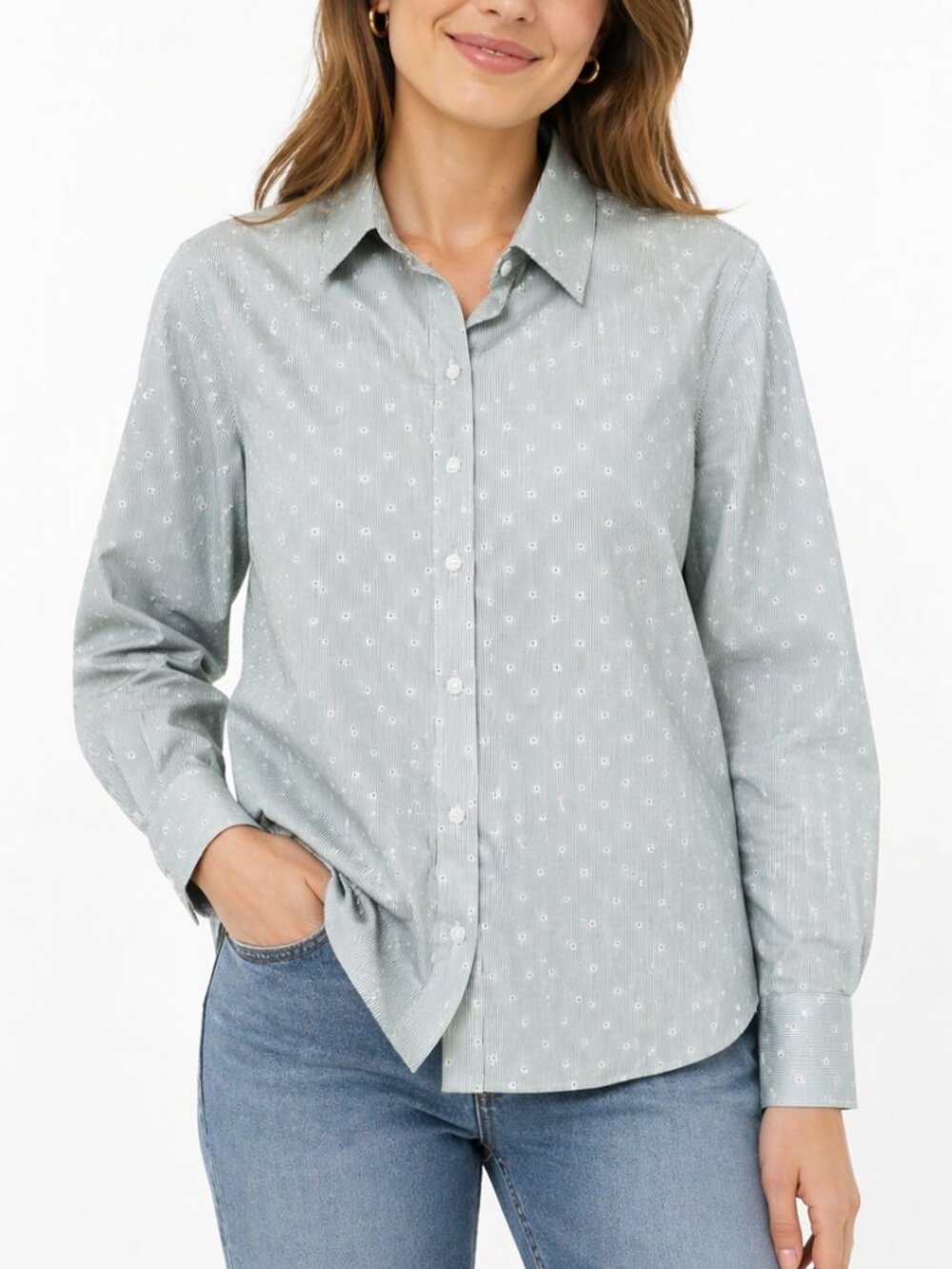 LANDS' END No Iron Supima Button Down Shirt Floral Stripes White Green Womens 16